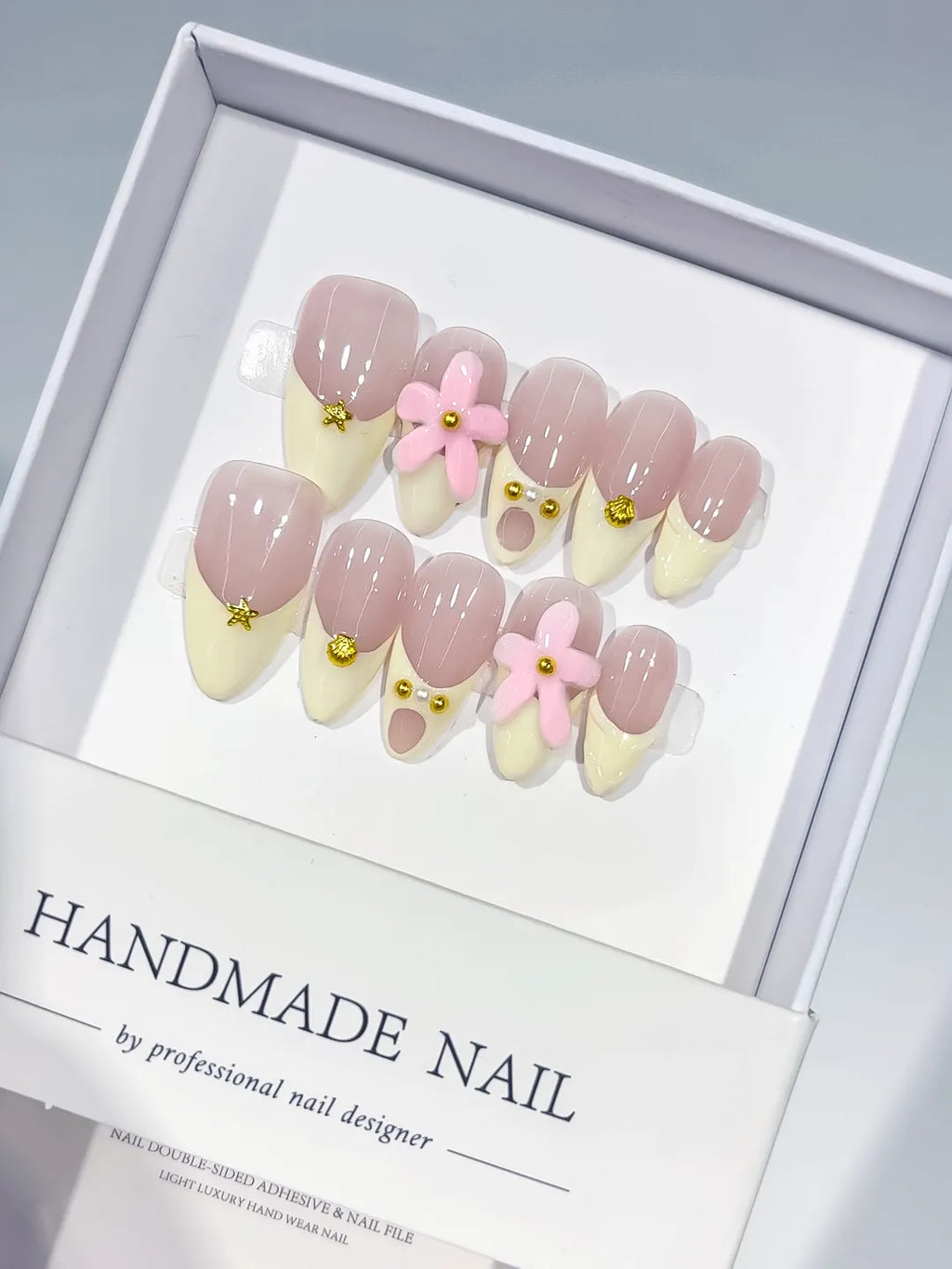 Nude Pink French tip Flower Gold Stud press on nails