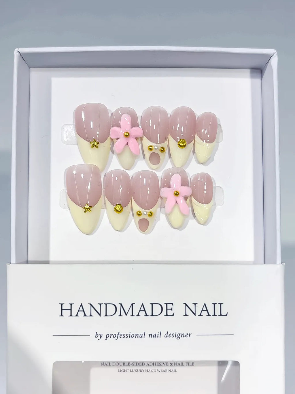 Nude Pink French tip Flower Gold Stud press on nails full set view