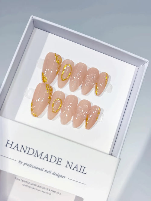 Nude Gold Metallic Gold Outline Pearl press on nails