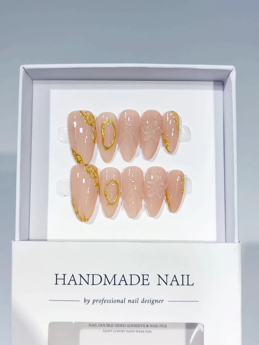 Nude Gold Metallic Gold Outline Pearl press on nails full set view