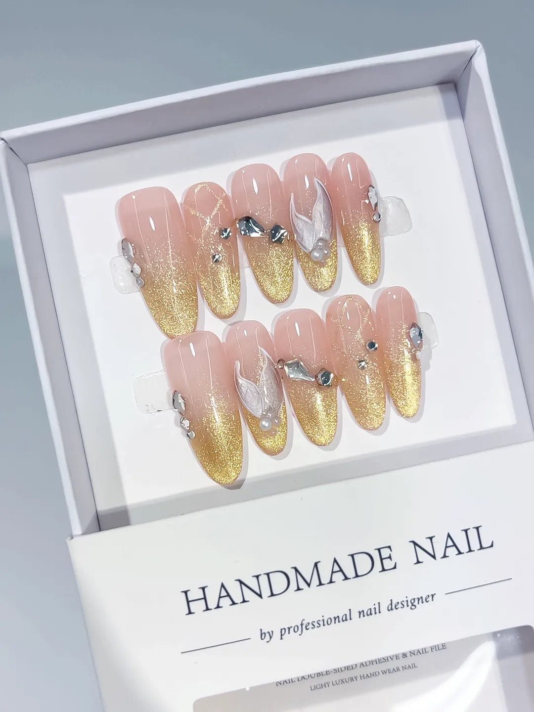 Nude Gold Glitter Flower Rhinestone press on nails angled view