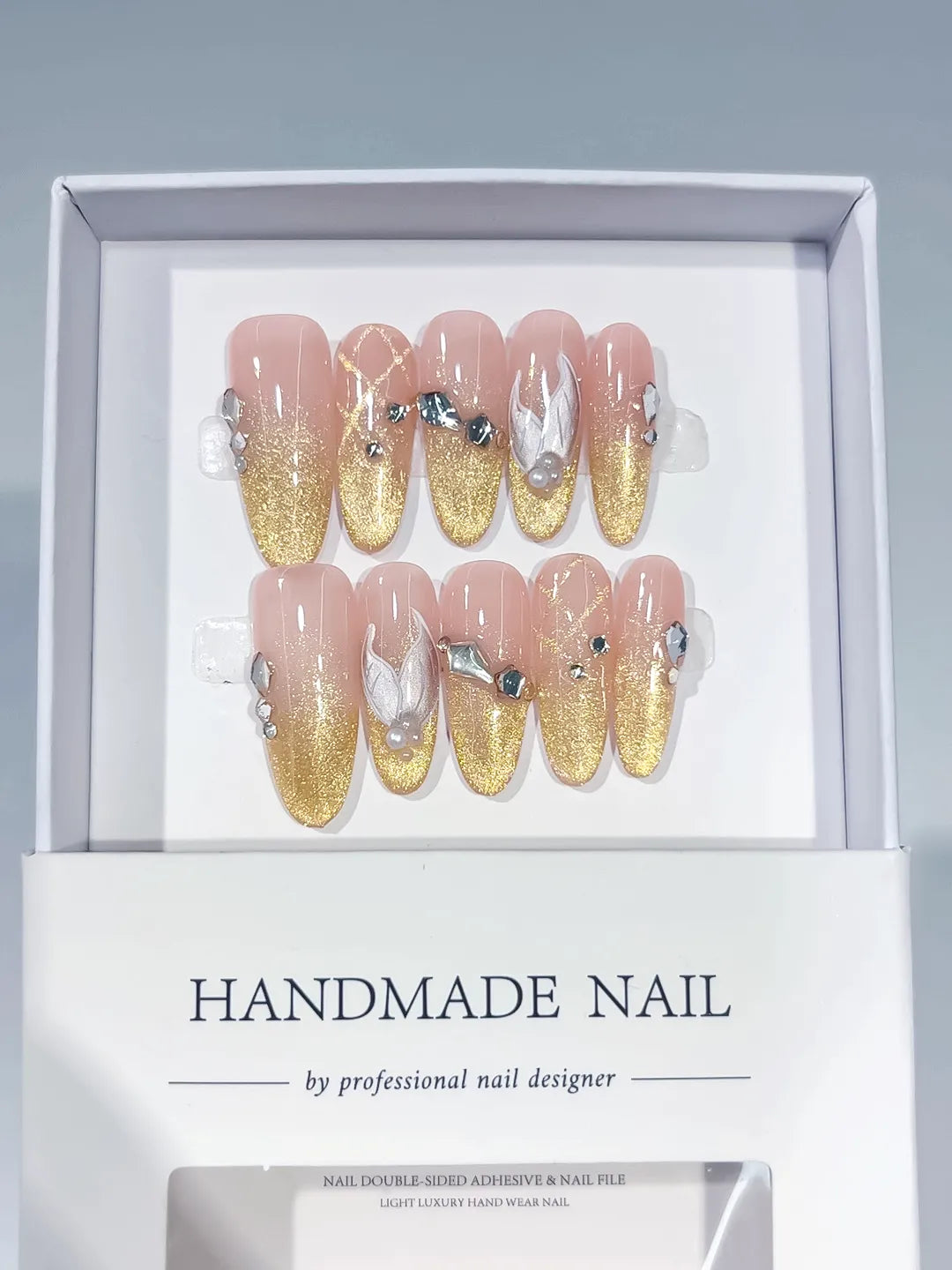Nude Gold Glitter Flower Rhinestone press on nails full set view