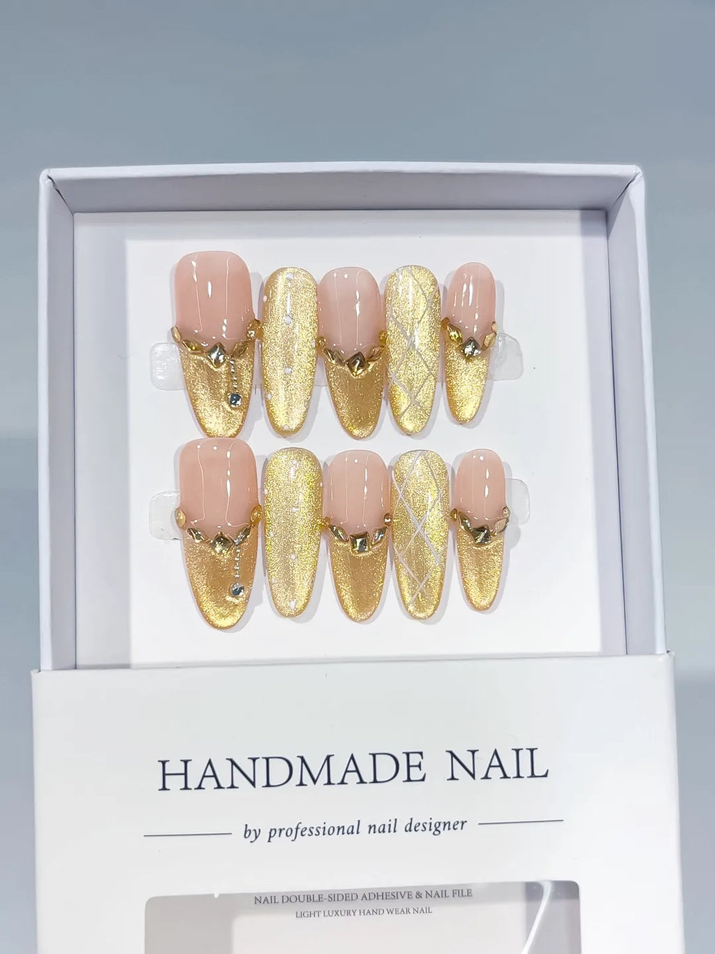 Nude Gold Metallic Heart Rhinestone press on nails angled view