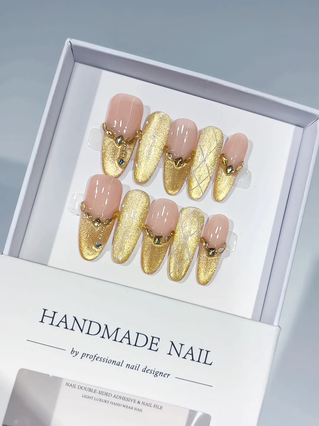 Nude Gold Metallic Heart Rhinestone press on nails