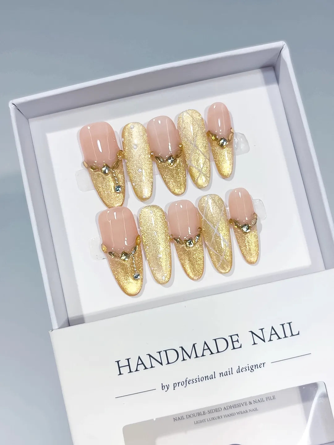 Nude Gold Metallic Heart Rhinestone press on nails full set view