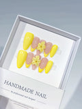 Yellow Nude French tip Flower press on nails