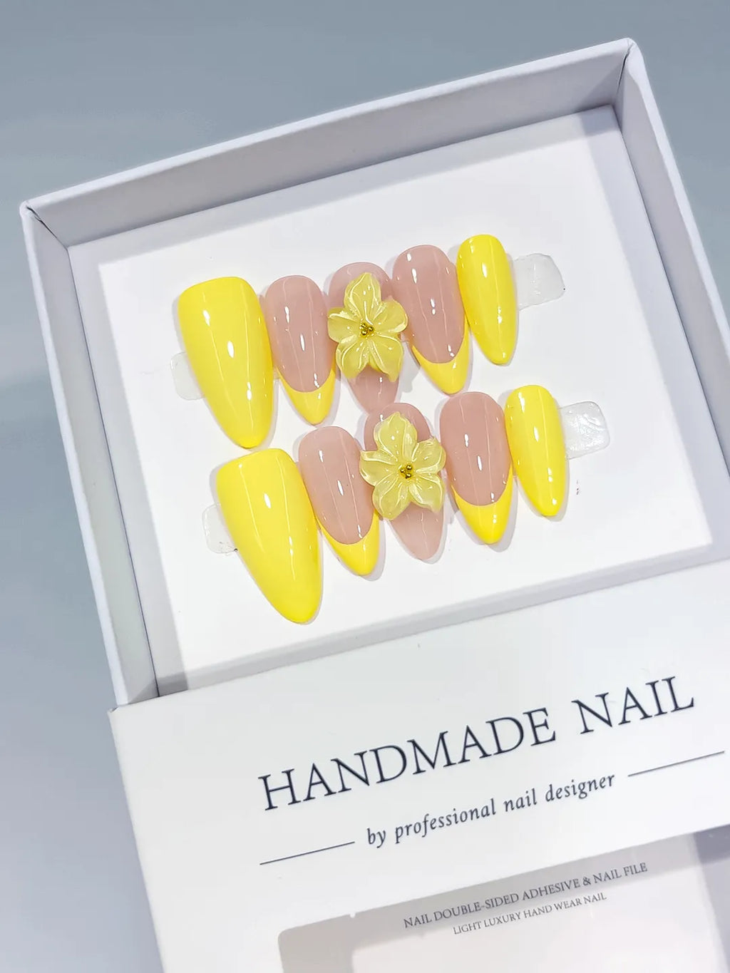 Yellow Nude French tip Flower press on nails full set view
