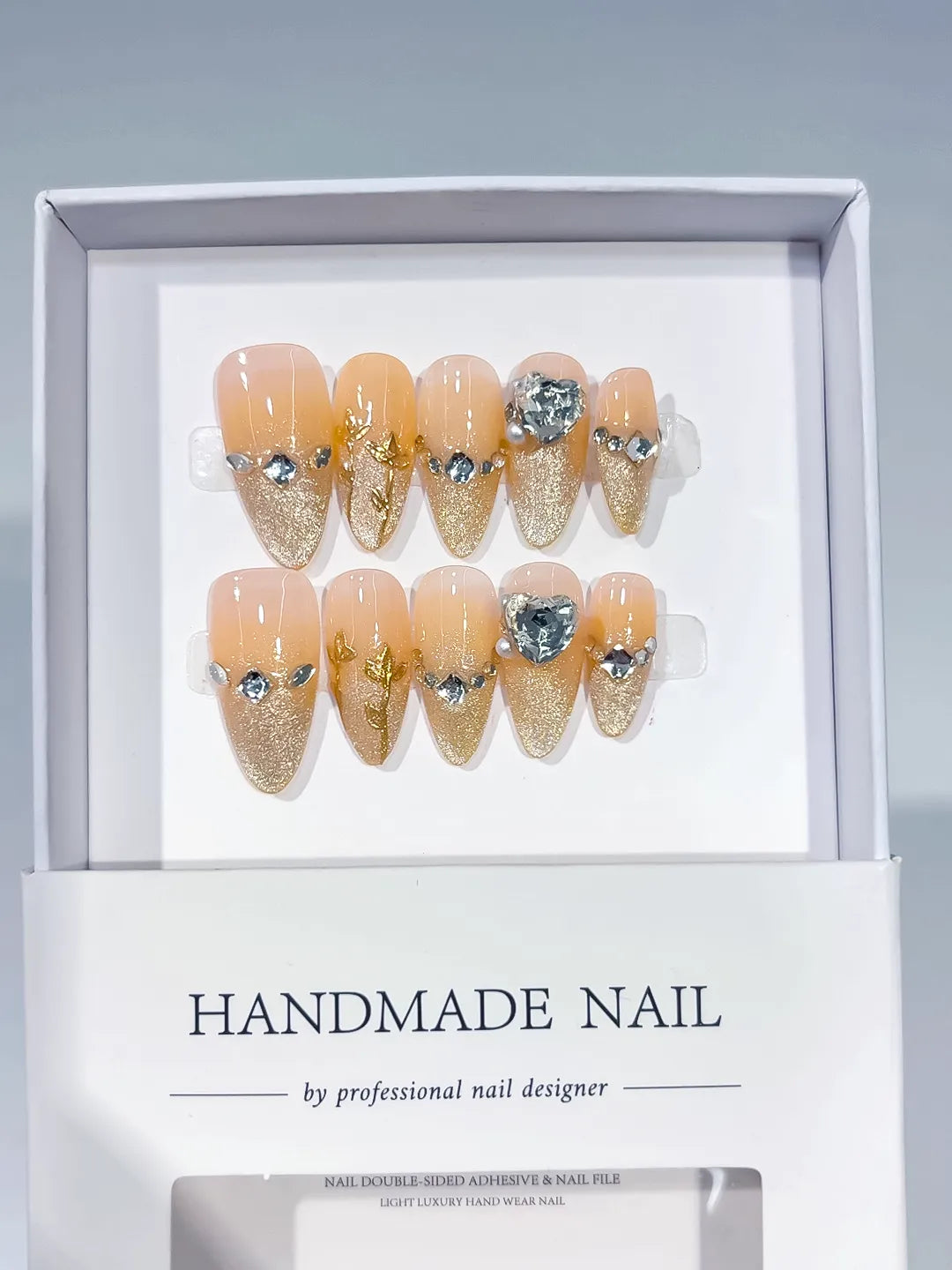 Orange Gold Glitter Rhinestone Pearl press on nails full set view