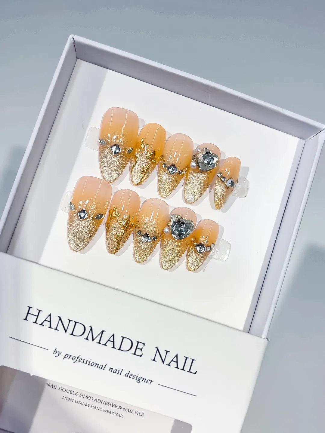 Orange Gold Glitter Rhinestone Pearl press on nails