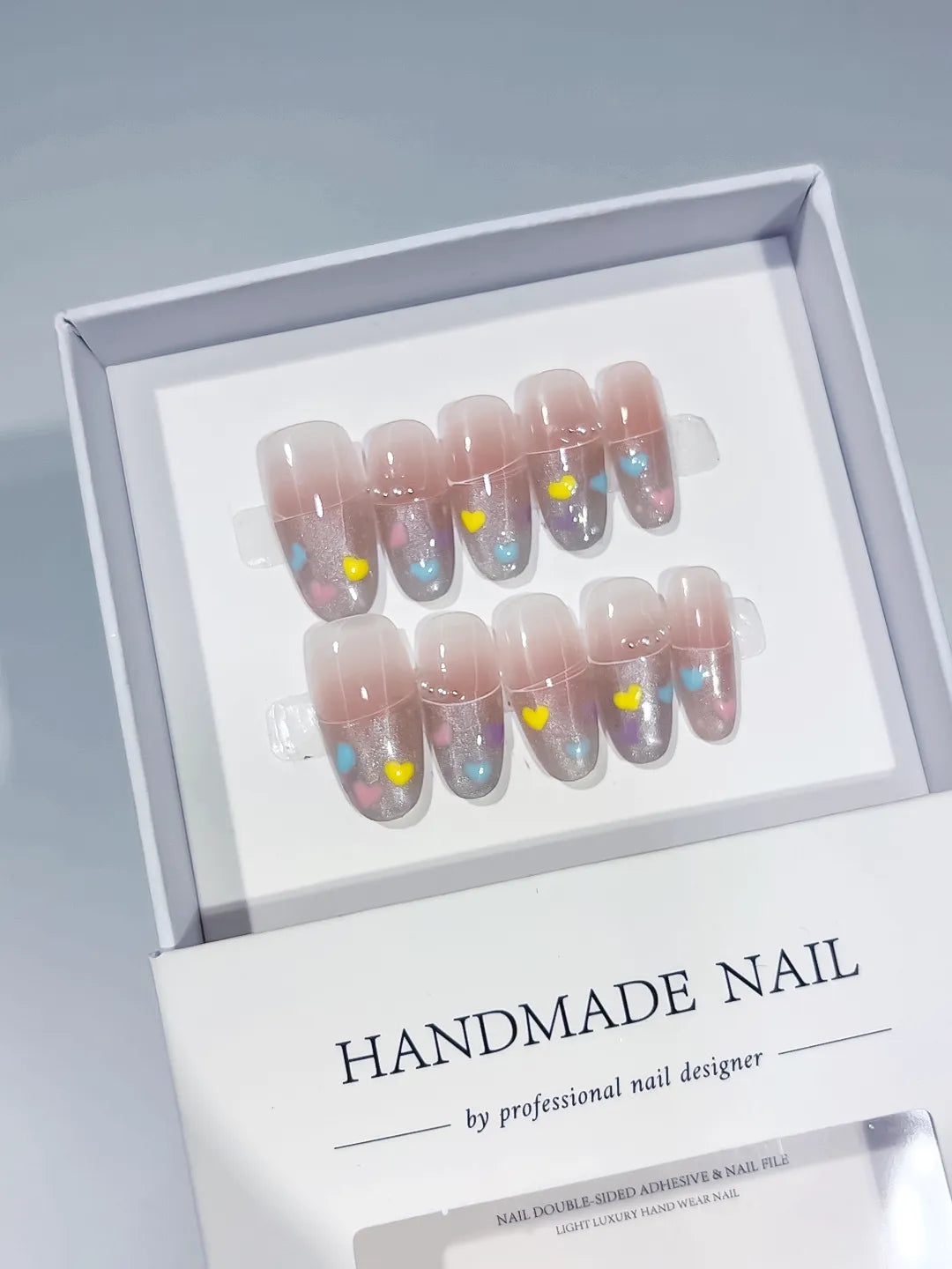 Nude Silver Blue Yellow Glitter Heart press on nails full set view