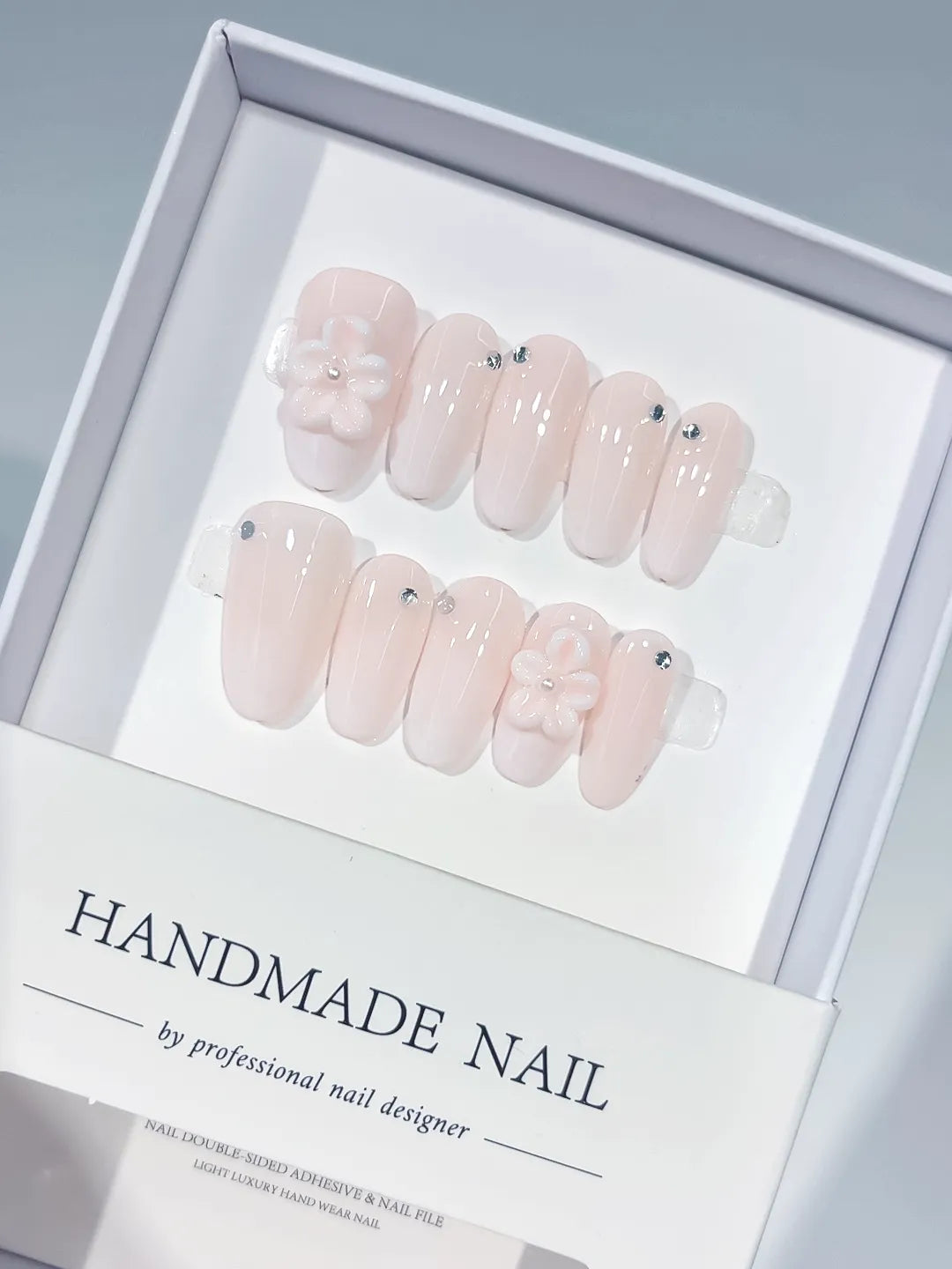 Pink Solid color Flower Rhinestone press on nails