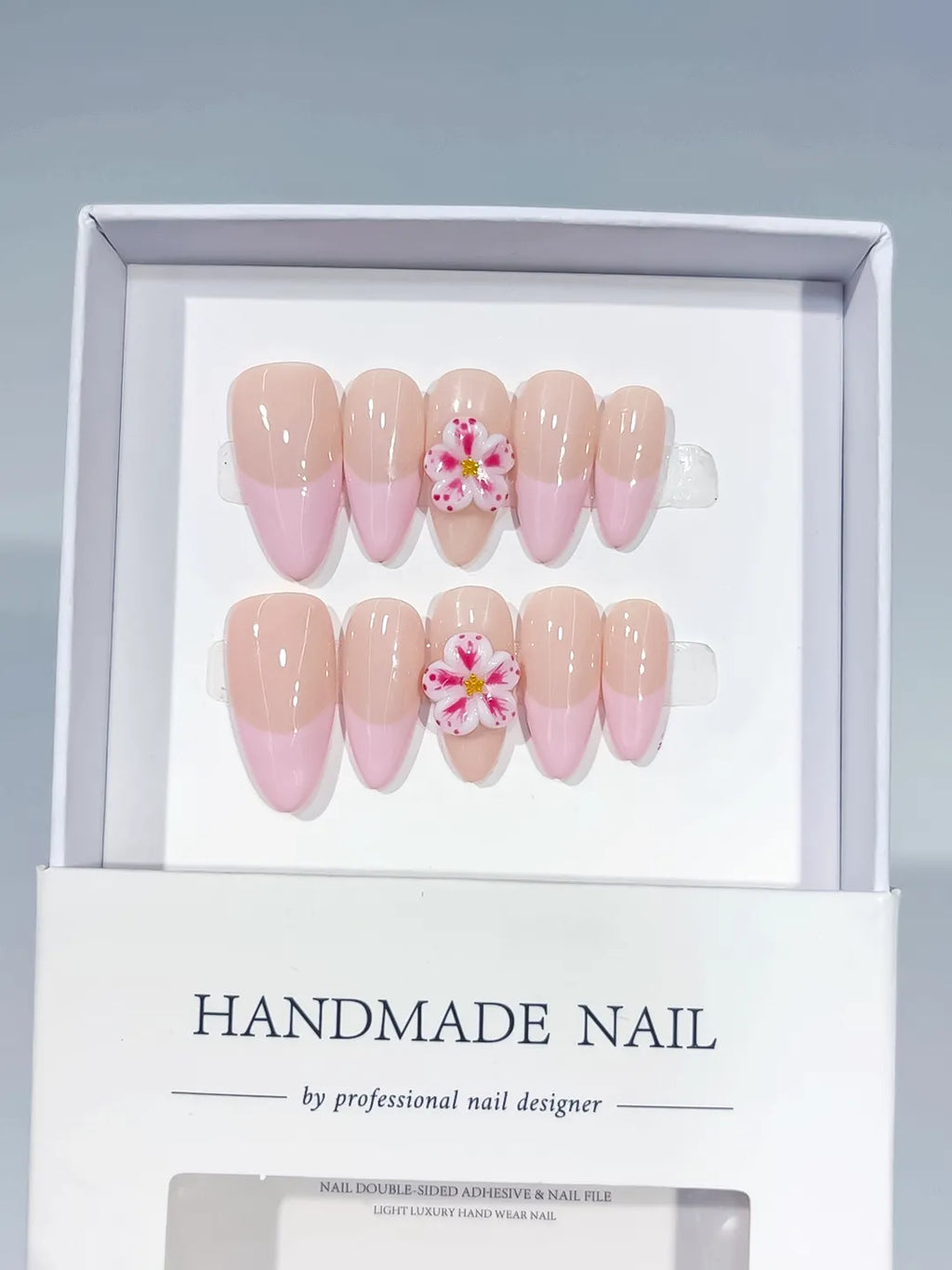 Nude Pink Ombre Flower press on nails full set view