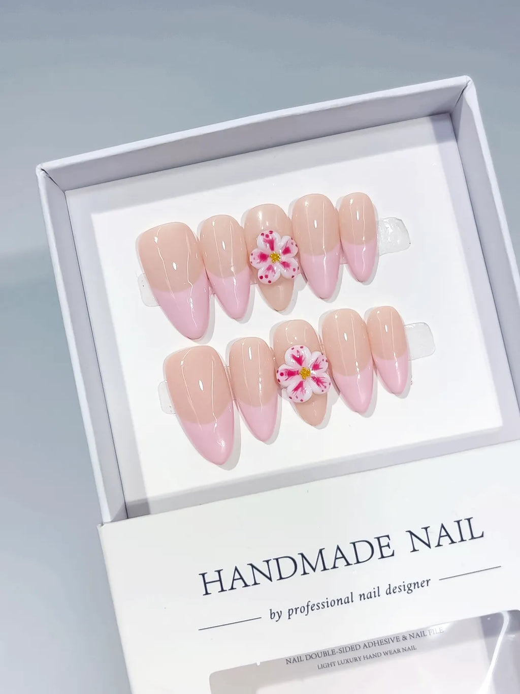 Nude Pink Ombre Flower press on nails angled view