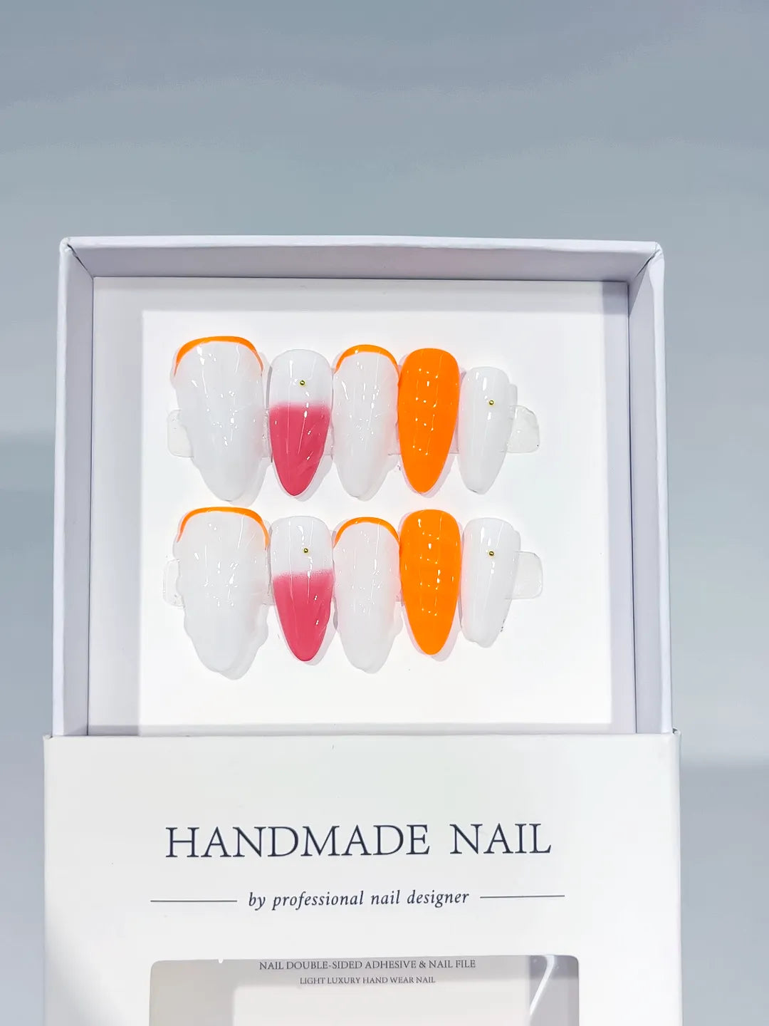 White Orange Pink Abstract press on nails full set view