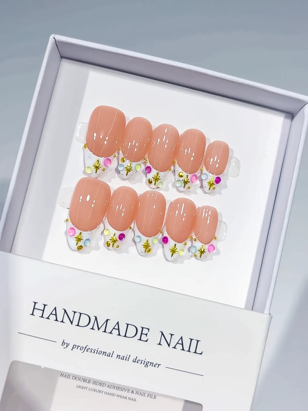 Nude White Multicolor Floral Flower Rhinestone press on nails