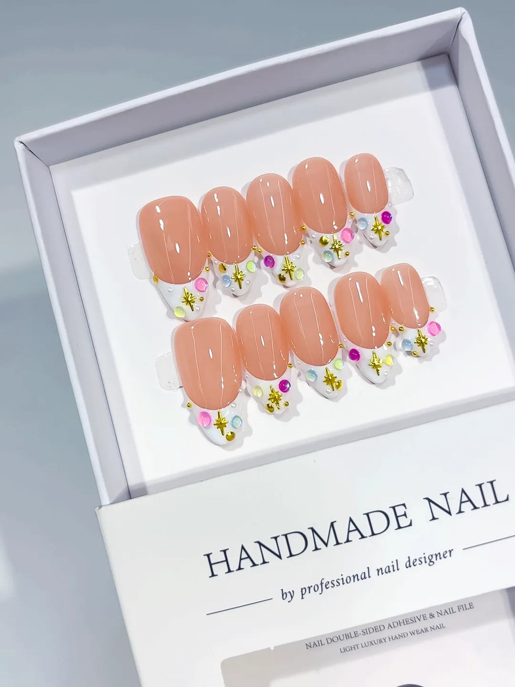 Nude White Multicolor Floral Flower Rhinestone press on nails angled view
