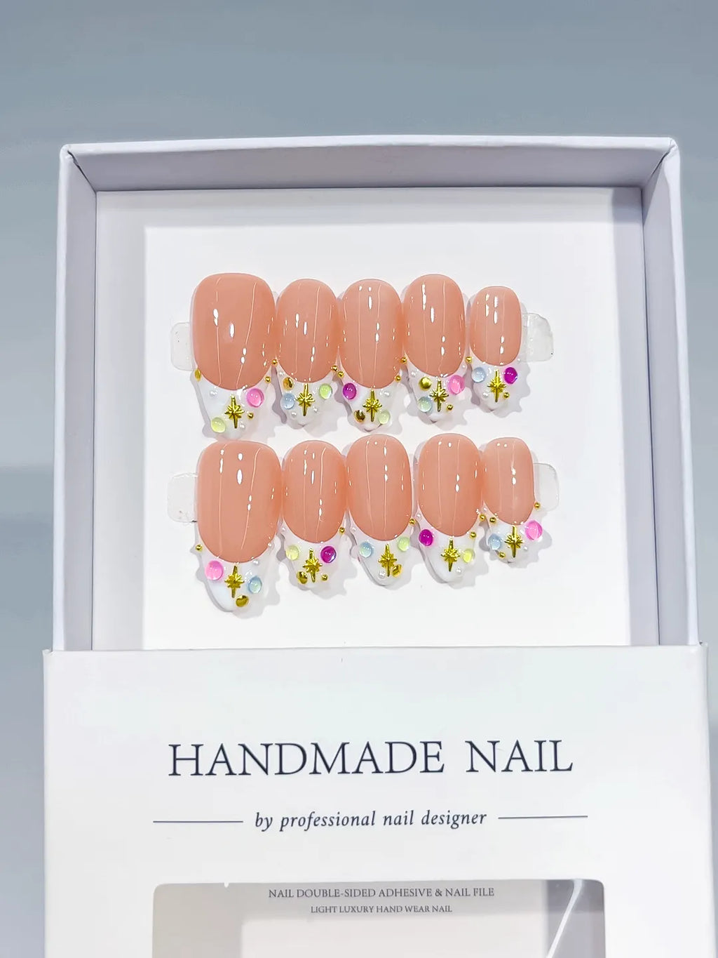 Nude White Multicolor Floral Flower Rhinestone press on nails full set view