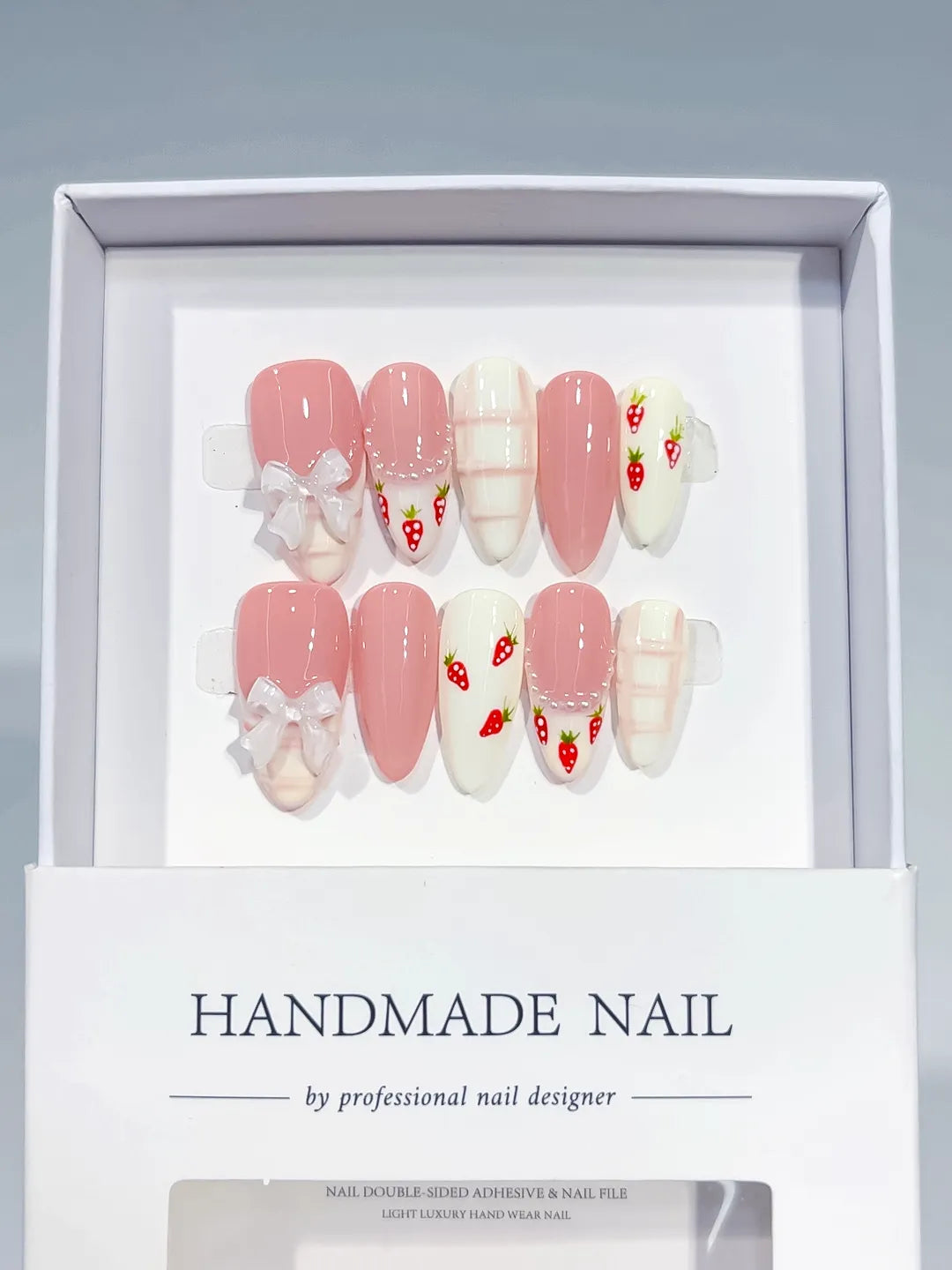 Pink White Floral Bow Strawberry Grid Pattern press on nails full set view