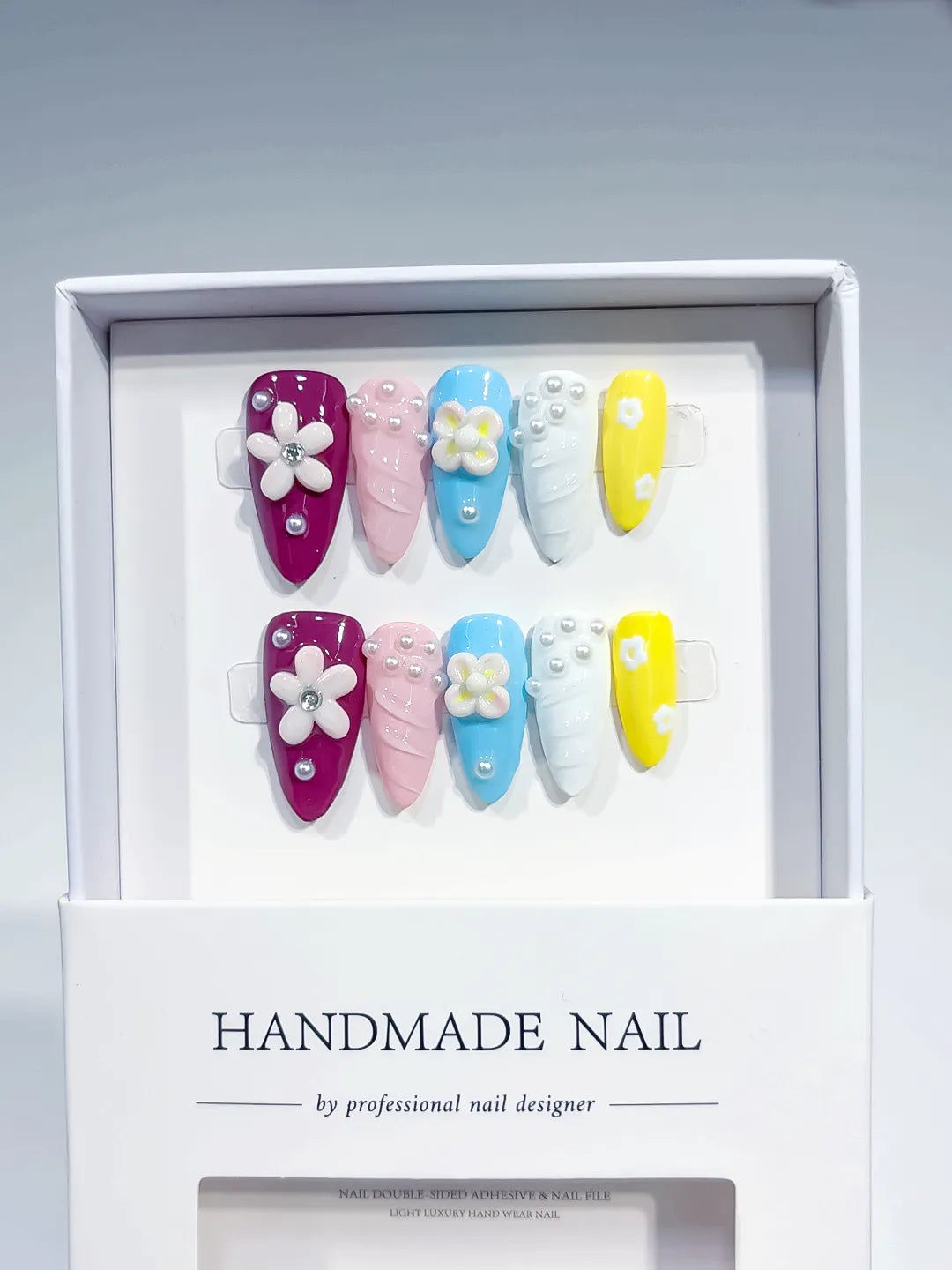 Purple Pink Blue Yellow White Floral Flower Pearl press on nails full set view