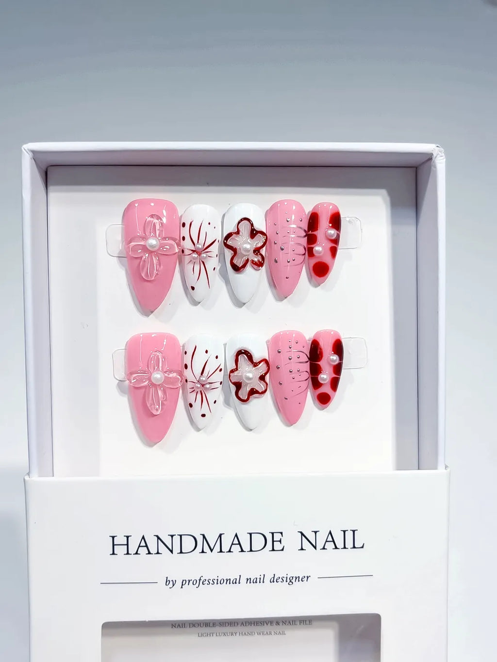 Pink White Red Abstract Bow Flower Pearl press on nails full set view