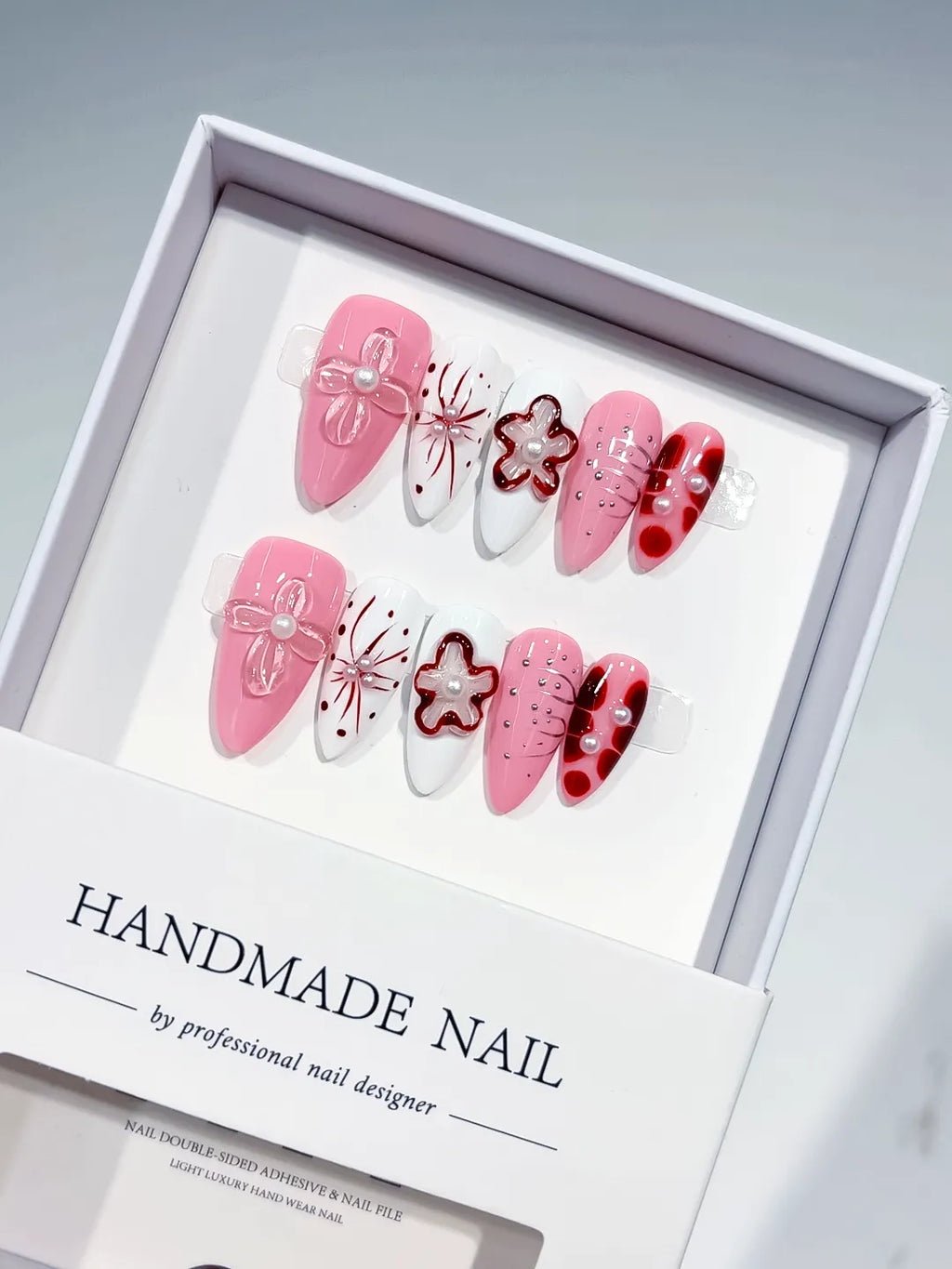 Pink White Red Abstract Bow Flower Pearl press on nails