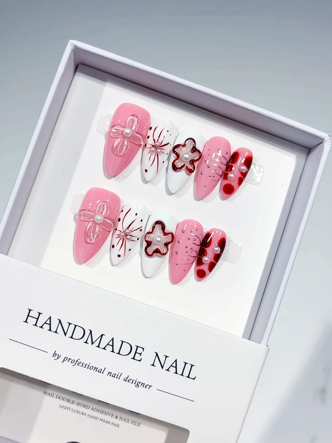 Pink White Red Abstract Bow Flower Pearl press on nails