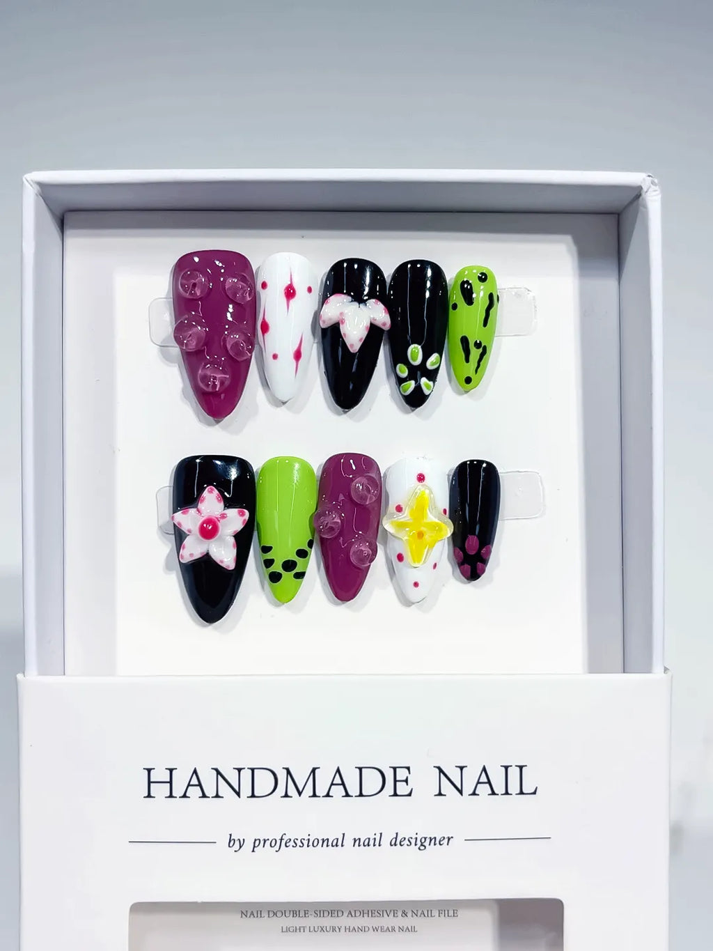 Purple Black Green White Abstract Flower Heart 3D Bubble press on nails angled view
