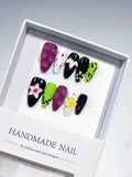 Purple Black Green White Abstract Flower Heart 3D Bubble press on nails