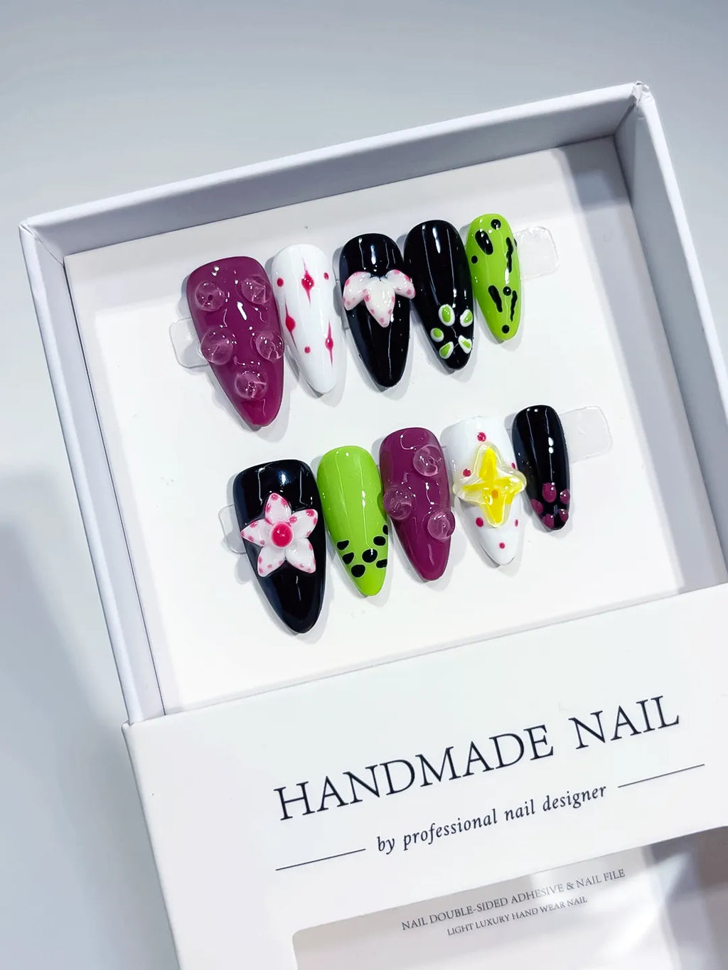 Purple Black Green White Abstract Flower Heart 3D Bubble press on nails full set view