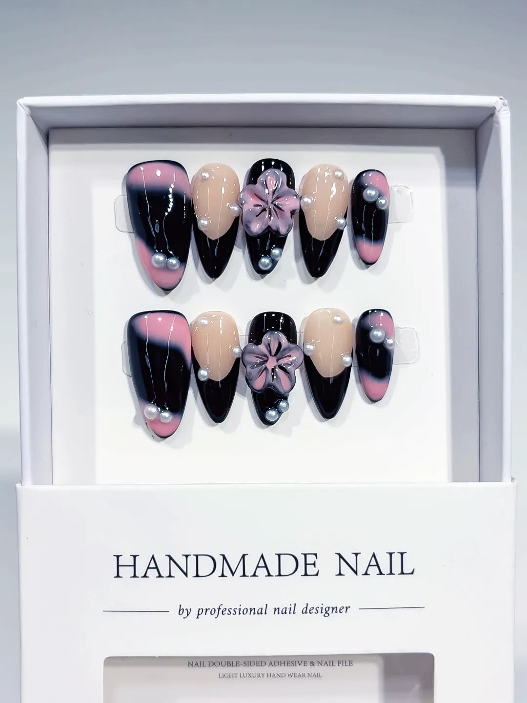 Black Nude Pink Ombre Flower Pearl press on nails angled view
