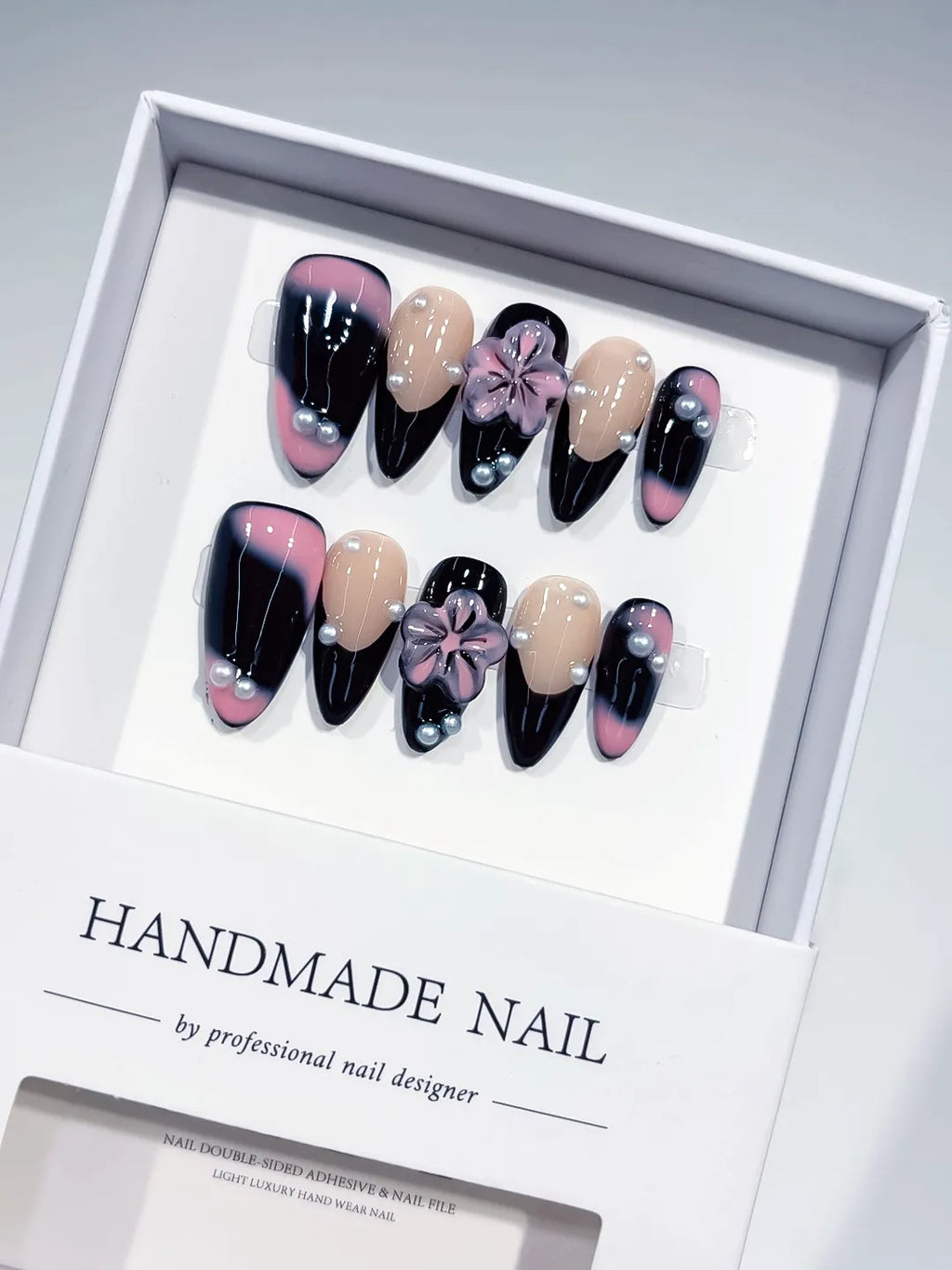 Black Nude Pink Ombre Flower Pearl press on nails