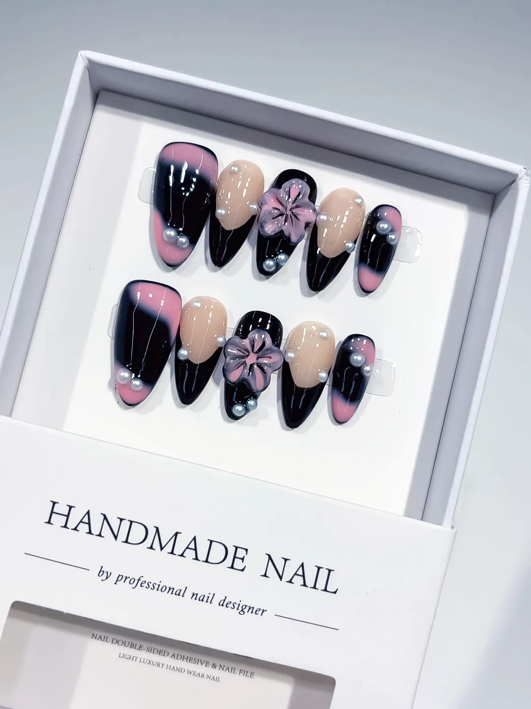 Black Nude Pink Ombre Flower Pearl press on nails