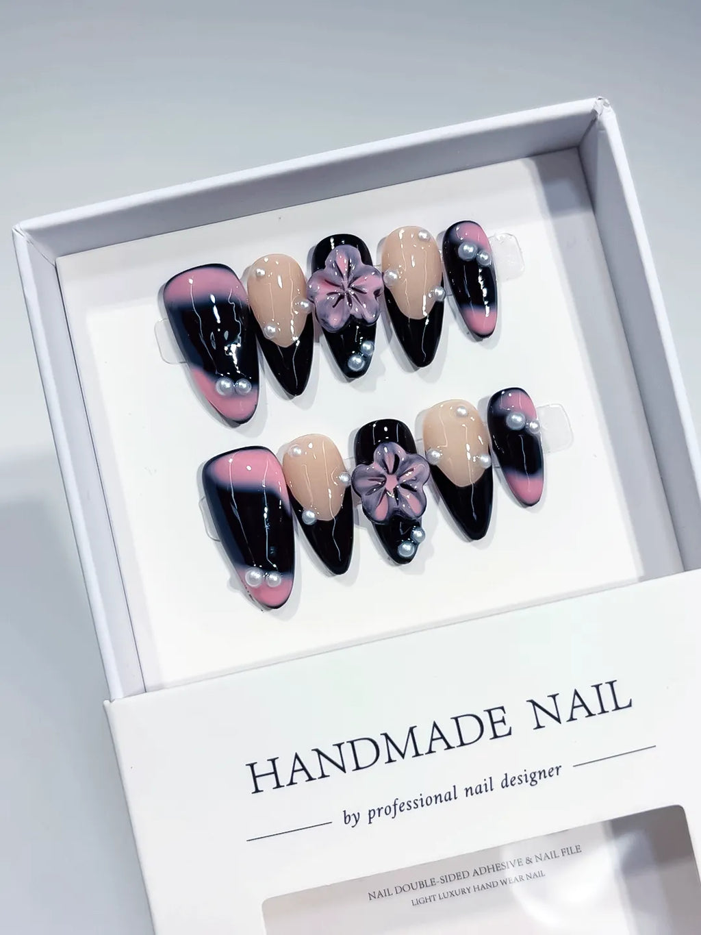 Black Nude Pink Ombre Flower Pearl press on nails full set view