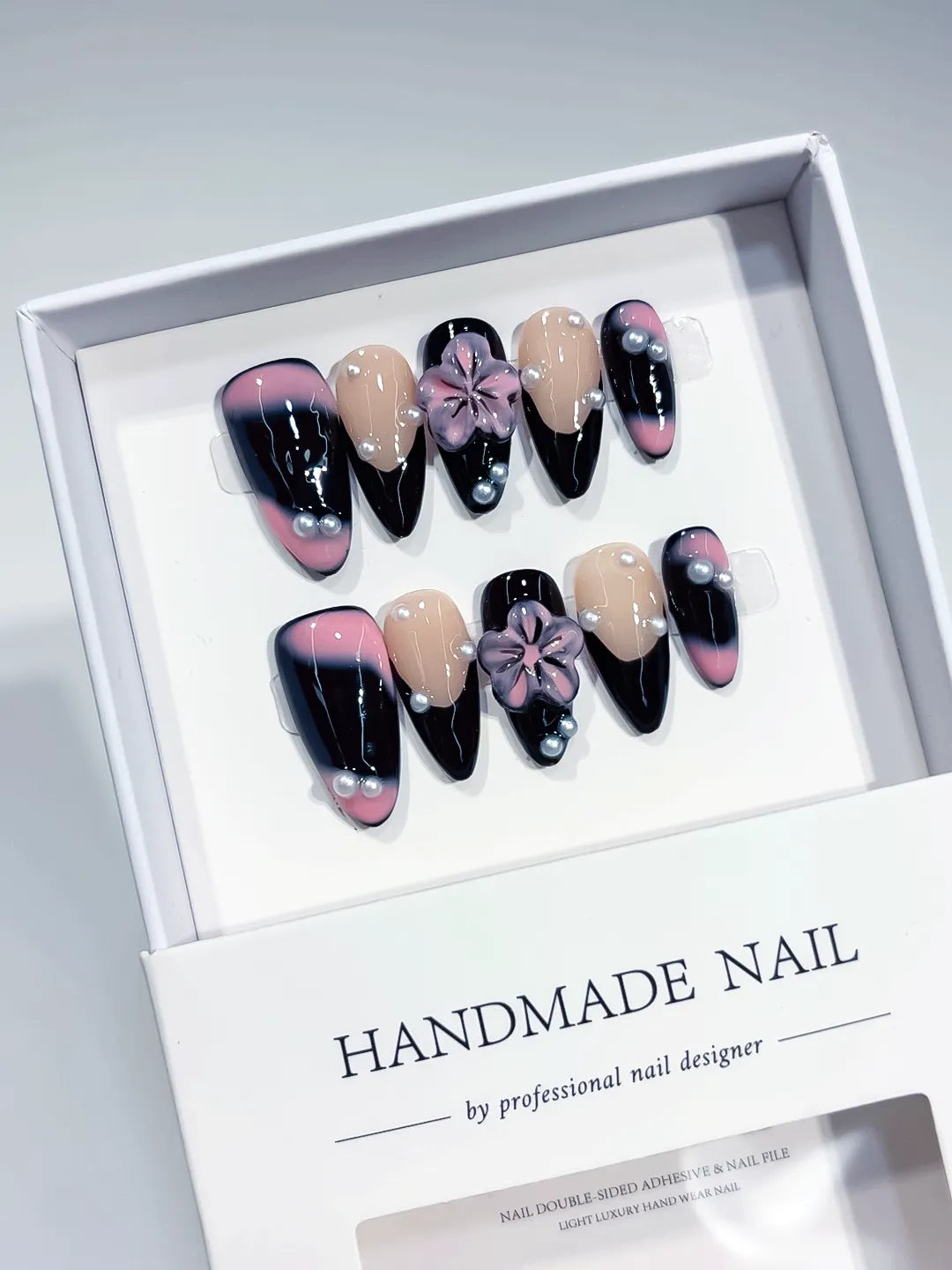 Black Nude Pink Ombre Flower Pearl press on nails full set view
