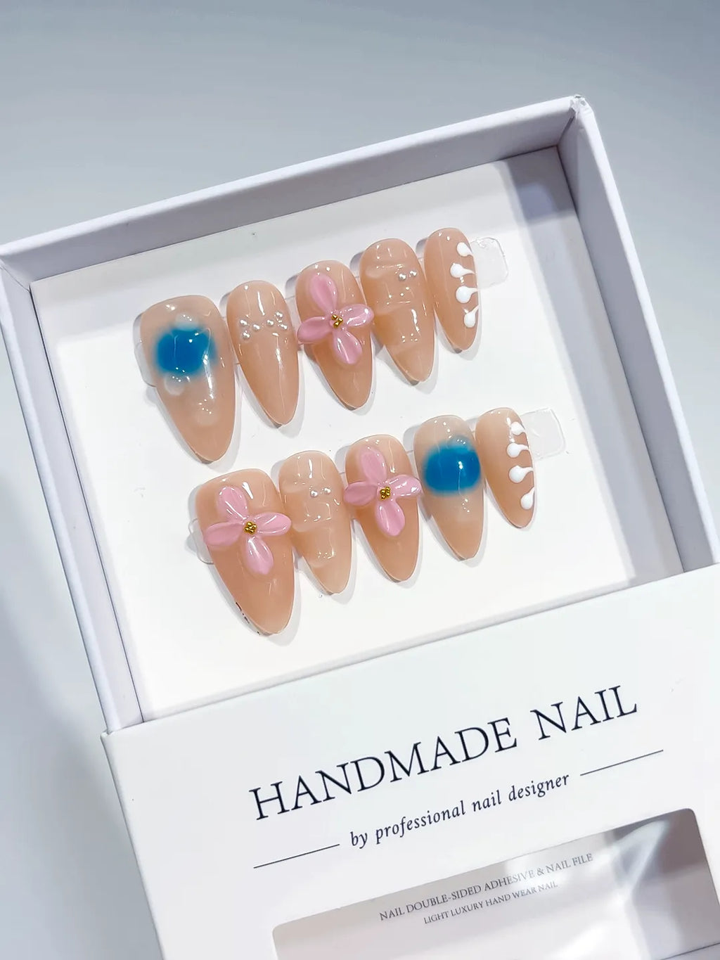 Nude Blue Pink White Abstract Flower Heart Pearl press on nails full set view