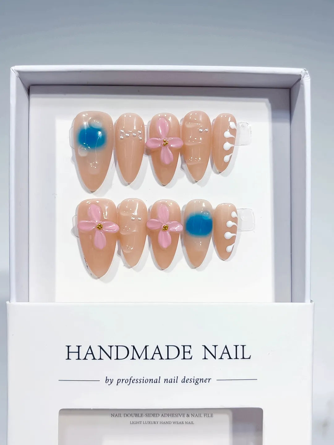 Nude Blue Pink White Abstract Flower Heart Pearl press on nails detail view