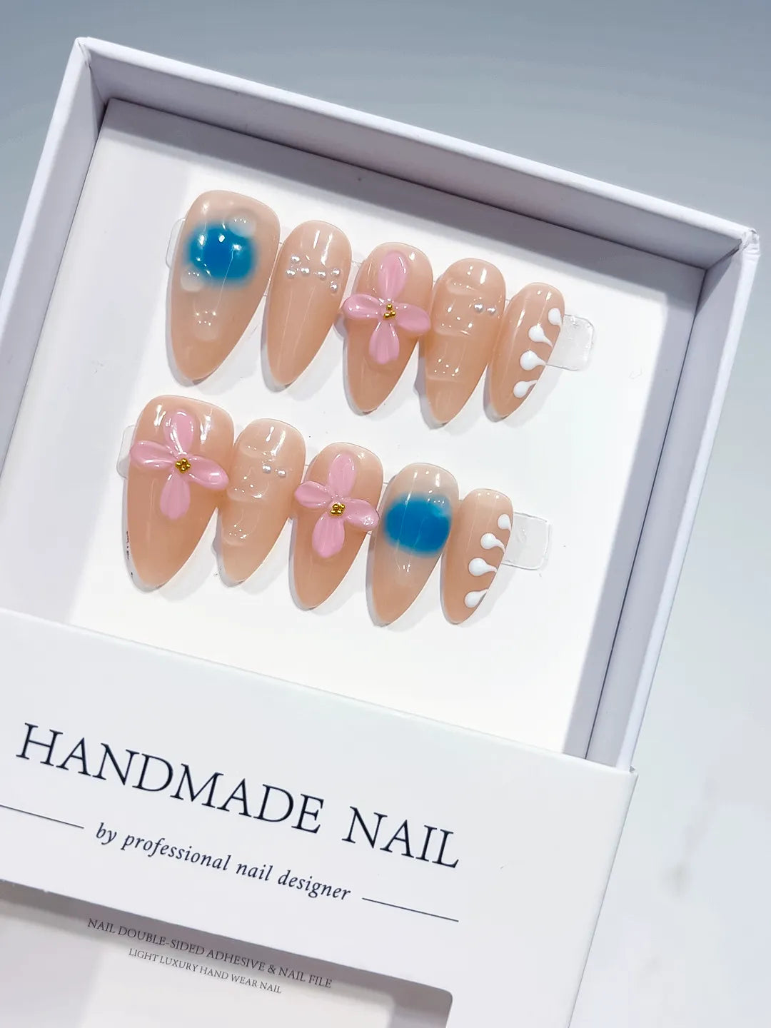 Nude Blue Pink White Abstract Flower Heart Pearl press on nails