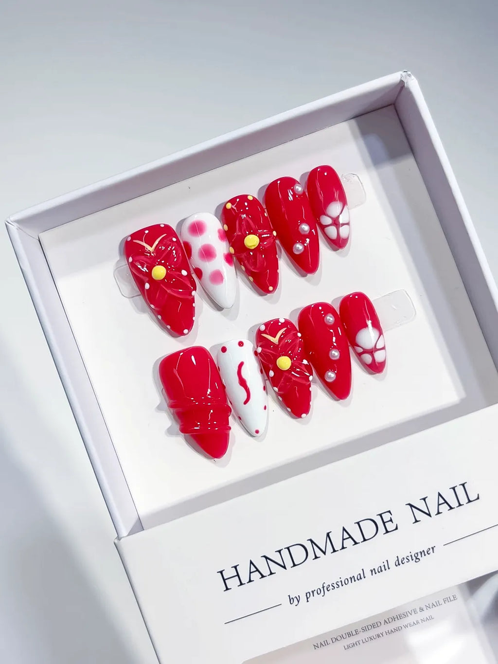 Red White Floral Flower Pearl press on nails full set view