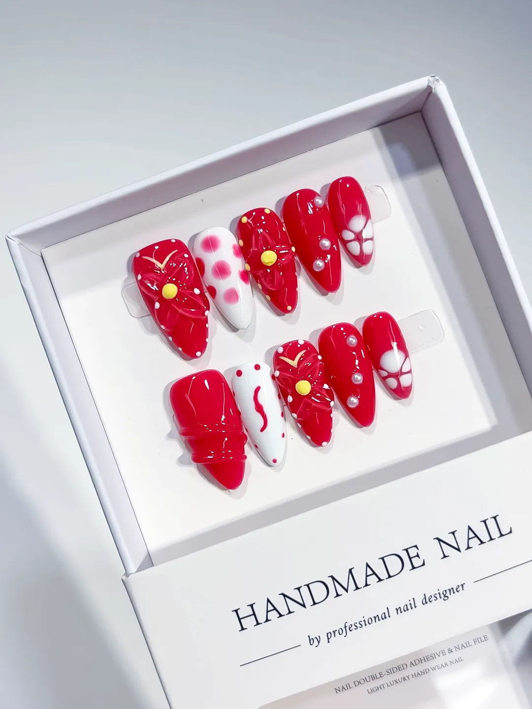 Red White Floral Flower Pearl press on nails full set view