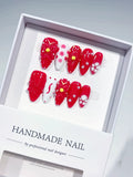 Red White Floral Flower Pearl press on nails