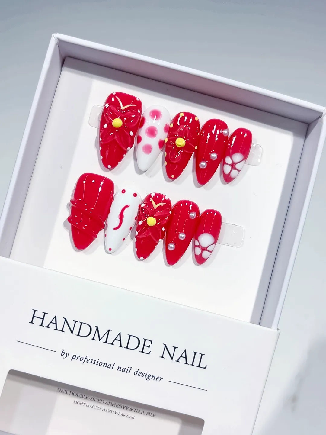 Red White Floral Flower Pearl press on nails