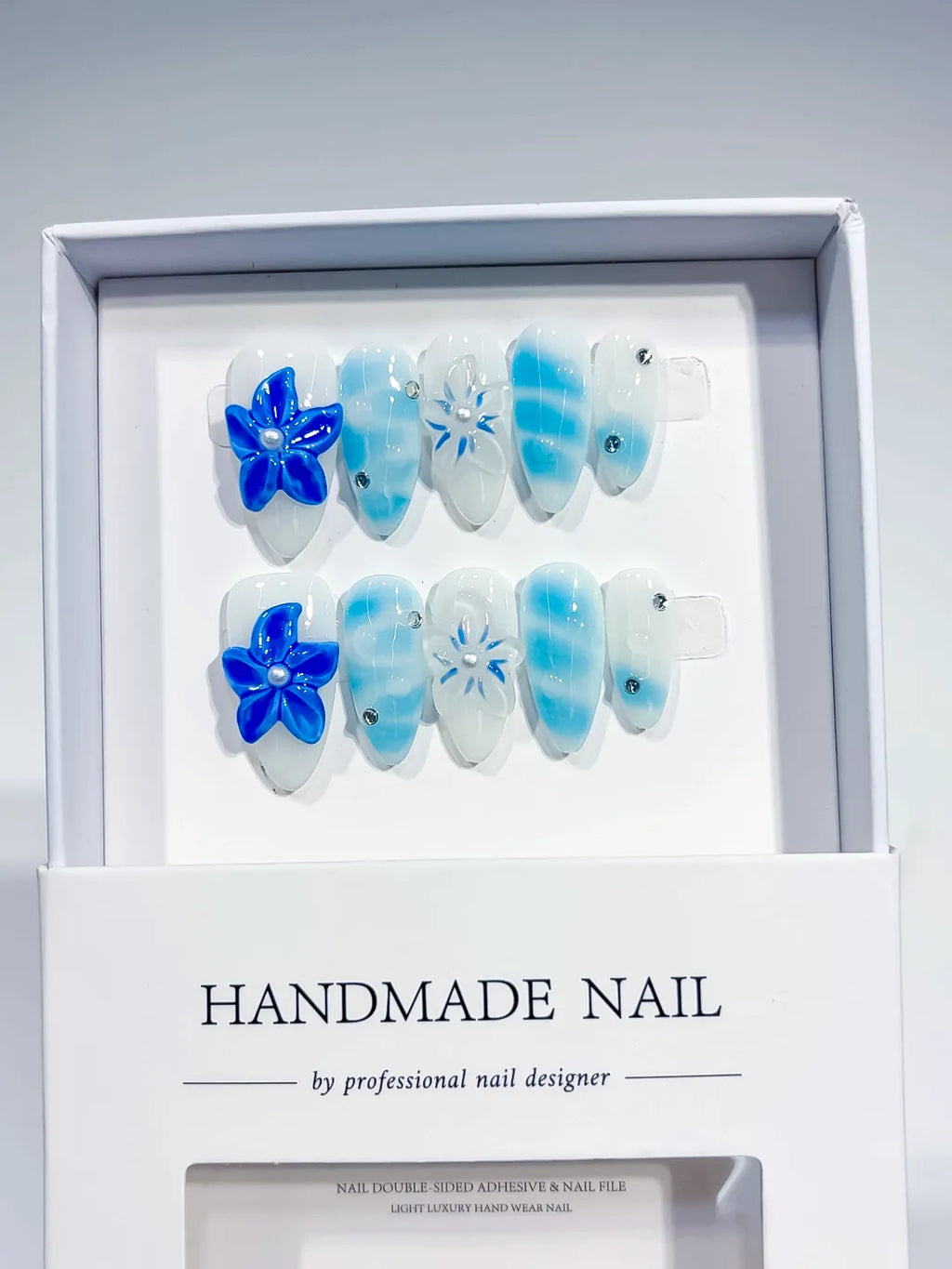 Blue White Floral Flower Rhinestone press on nails angled view