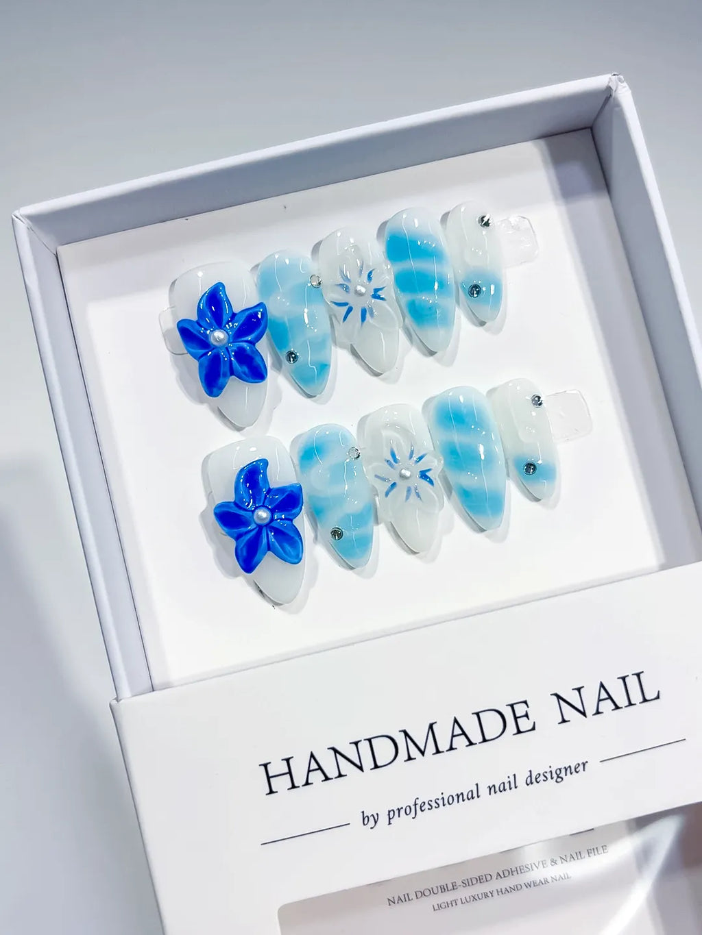 Blue White Floral Flower Rhinestone press on nails full set view