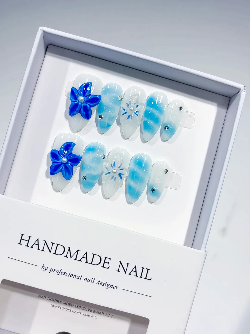 Blue White Floral Flower Rhinestone press on nails