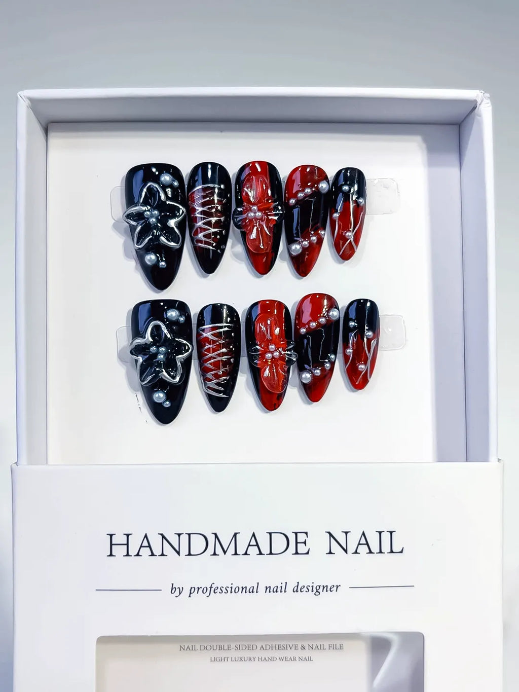 Black Red Silver Abstract Star Lace Pearl press on nails angled view