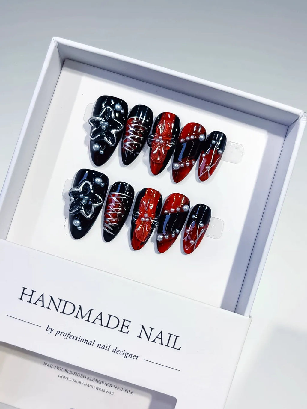 Black Red Silver Abstract Star Lace Pearl press on nails