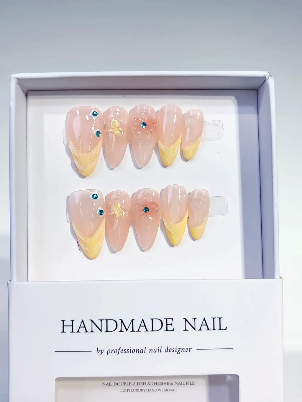 Nude Yellow French tip Flower Rhinestone press on nails full set view