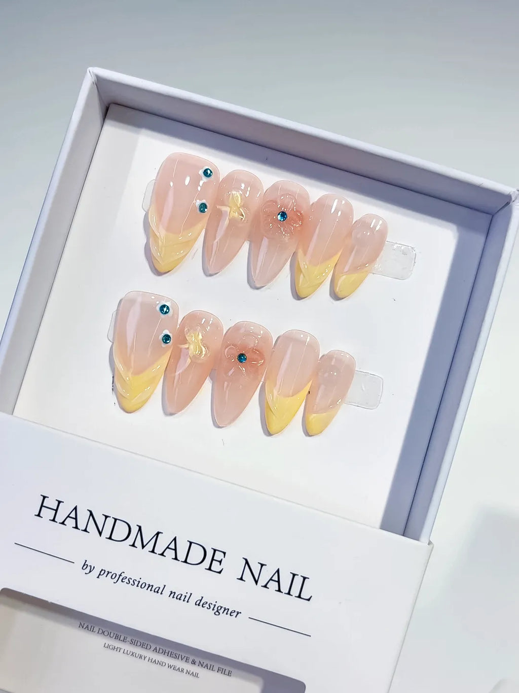 Nude Yellow French tip Flower Rhinestone press on nails
