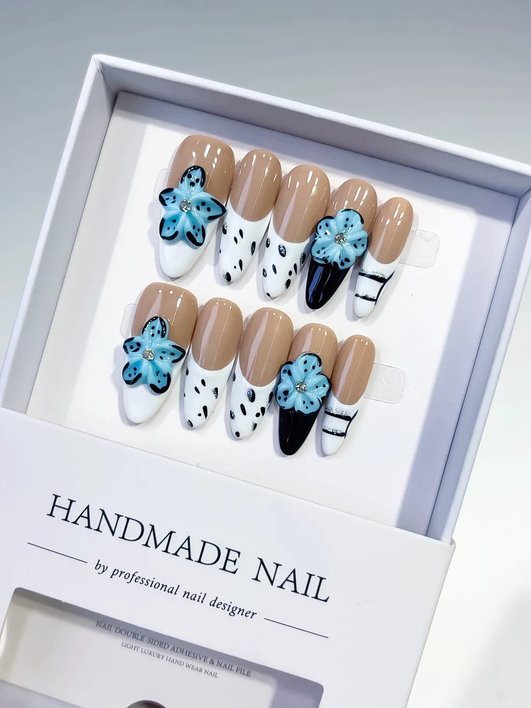 Nude Blue Black White Floral Flower Animal Print press on nails