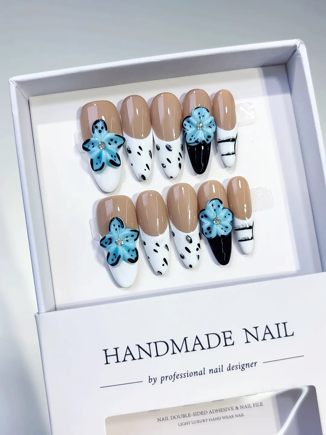 Nude Blue Black White Floral Flower Animal Print press on nails angled view